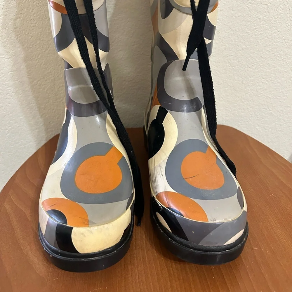 Coach Women's Geometric Rain Boot Periwinkle PullOn Lace Waterproof Size 9 Black